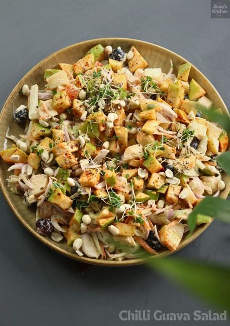 Chilli Guava Salad recipe with Healthy peanut dressing - Guava apple salad with peanuts Indian style salads Jinoo's Kitchen Guava Salad, Salad With Peanut Dressing, Guava Benefits, Indian Salads, Peanut Salad, Peanut Dressing, Apple Salad, Chaat Masala, Lunch Salads