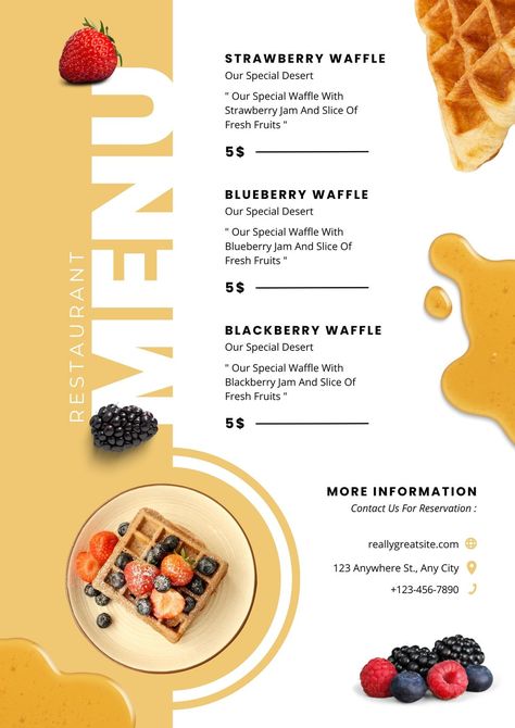 Orange White Modern Creative Waffles Menu - Templates by Canva Menu Design For Cafe, Waffle Menu Design, Menu Design Ideas Creative, Aesthetic Menu Design, Food Marketing Ideas, Aesthetic Food Recipes, Menu Design Layout, Media Branding Design, Infographic Design Layout