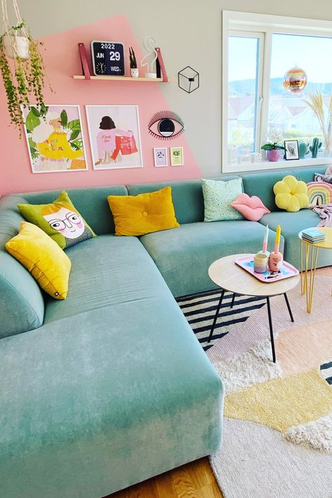 “I was looking for a newly built modern house in late 2019, so I could make my ‘house dream’ come true — a colorful, fun, eclectic house with modern accommodations,” Thomassen writes. Ikea Yellow Chair, Pastel Living Room Ideas, Best Greige Paint, Best Greige, Yellow Side Table, Pastel Living Room, Greige Paint, Colorful Apartment, House Dream