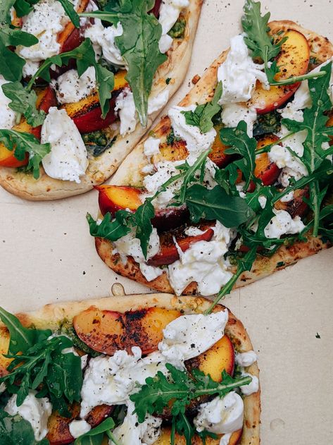 Peach, Pesto, and Burrata Flatbread — Hungry Ali Peach Burrata Flatbread, Flatbread Burrata, Peach Flatbread, Burrata Flatbread, Pesto And Burrata, Peach And Burrata, Peach Burrata, Naan Flatbread, Crowded Kitchen