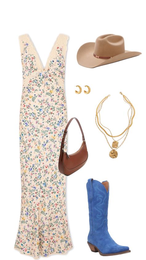 Country concert outfit inspo, cowboy boots outfit, slip dress outfit, summer outfit, cowboy hat, outfit collage, outfit board, floral dress Slip Dress Outfit Summer, Cowboy Hat Outfit, Collage Outfit, Dress Outfit Summer, Outfit Cowboy, Cowboy Boots Outfit, Concert Outfit Inspo, Slip Dress Outfit, Country Style Outfits