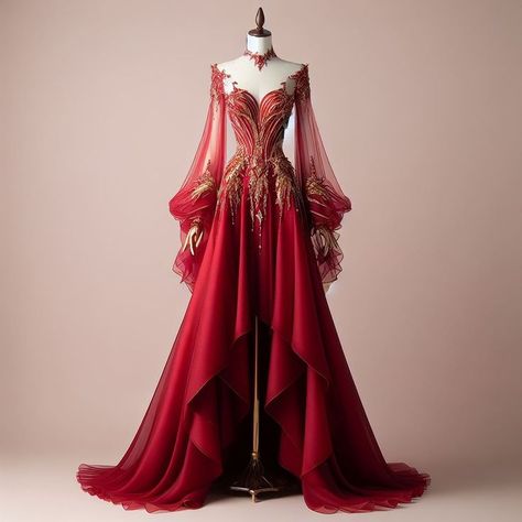 Y/n is the second eldest princess born three minutes after her twin A… #fanfiction #Fanfiction #amreading #books #wattpad Red Gold Dress Gowns, Red Dress With Gold Accents, Red Wedding Dress Long Sleeve, Red And Gold Princess Dress, Dragon Prom Dress, Red And Gold Masquerade Dress, Red And Gold Formal Dress, Red Queen Gown, Gold Prom Dress With Sleeves