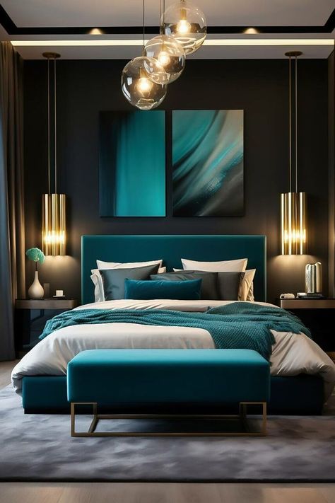 Teal And Gold Bedroom, Black Modern Bedroom, Luxurious Modern Bedrooms, Dark Teal Bedroom, Teal Rooms, Teal Bedroom, Narrow Living Room, Gold Living Room, Gold Bedroom