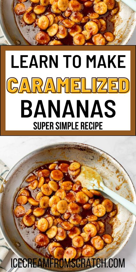 Delicious and decadent, yet super simple to make, Caramelized bananas make the best ice cream topping. Try these sweet bananas on pancakes or waffles too. Waffles With Bananas, Waffle Topping Ideas Breakfast, Banana Sauce For Pancakes, How To Caramelize Bananas, Banana Pancake Topping, Fruit Topping For Pancakes, Carmelized Banana Dessert, Carmalized Bananas Easy, Banana Topping For Pancakes