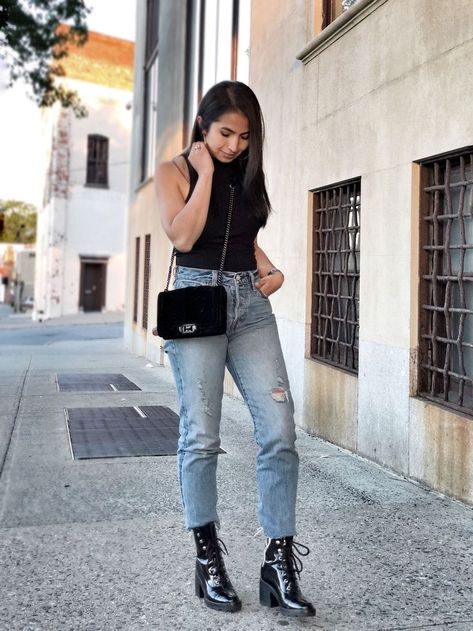 12 Ways to Wear Combat Boots | These Combat badass boots are super versatile! We SWEAR they work with skinny, straight-leg or wide-leg jeans, and with short and maxi dresses….even leggings!!! #CombatBoots #Boots #FallFashion #MarcFisher #RawHemJeans #Jeans #BodysuitOutfits #TheMomEditStyle Heeled Combat Boots Outfit, Combat Boots Outfit Fall, Black Combat Boots Outfit, High Heel Combat Boots, Combat Boot Outfits, Heel Combat Boots, Combat Boot Outfit, Heeled Combat Boots, Straight Leg Jeans Outfits