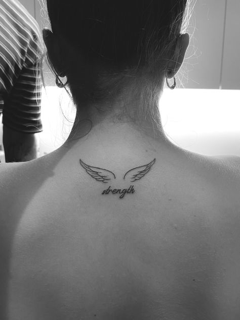 Halo With Angel Wings Tattoo, Men’s Wings Tattoo, Back Tattoo Women Angel Wings, Angel Back Of Neck Tattoo, Wing On Neck Tattoo, Angel Wings On Back Of Neck, Halo Wings Tattoo, Angel Wing Spine Tattoo, Angel Wings Back Of Neck Tattoo