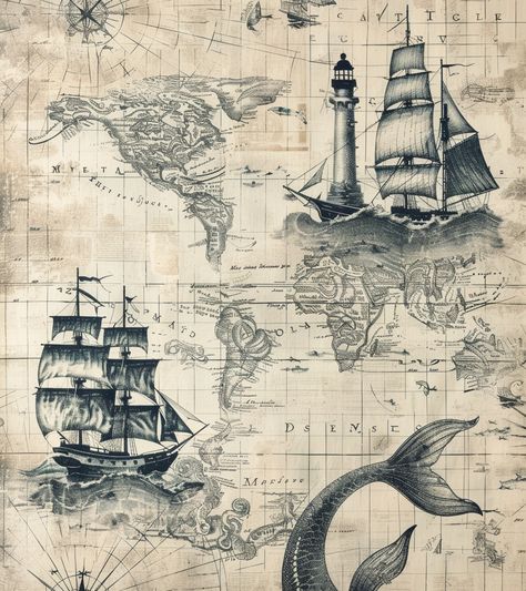 Nautical Map Art, Victorian Nautical Aesthetic, Vintage Nautical Aesthetic, Sailor Wallpaper, World Map Drawing, Maritime Aesthetic, Vintage Nautical Map, Nautical Drawing, Maps Illustration Design