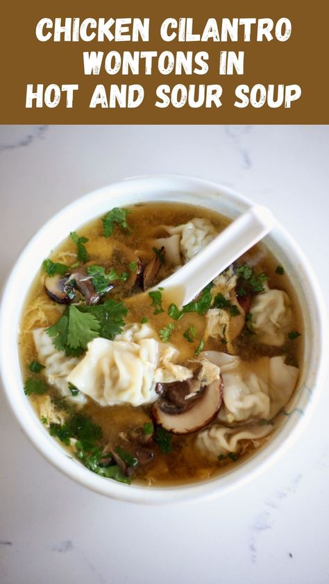 These chicken cilantro wontons in hot and sour soup is a spin on a Chinese takeout classic - it’s comfort in a bowl and SO easy with the trader joe’s frozen wontons. Chicken Cilantro Wonton Soup, Chicken Cilantro Wontons, Frozen Wontons, Chicken Cilantro, Wonton Soup Recipe, Costco Chicken, Cilantro Recipes, Chicken Wontons, Frozen Dumplings