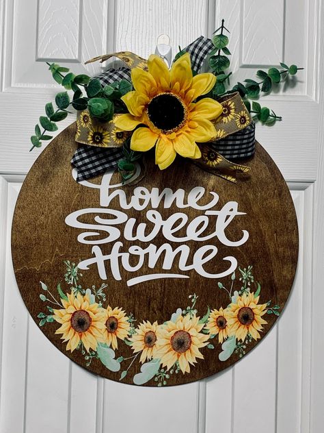 Sunflower Door Hanger, Door wall plaque, pretty sunflower door hanger, housewarming gift, gift for mom, gift for wife, free shipping Round Wood Crafts, Sunflower Door Hanger, Entryway Signs, Wood Wreath, Hanger Home, Christmas Door Hanger, Burlap Bows, Wood Rounds, Vinyl Colors