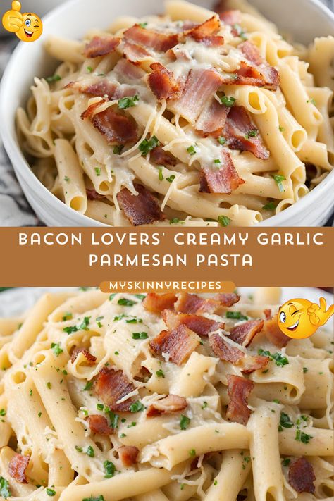 Treat yourself to a flavor-packed delight with our Bacon Lovers' Creamy Garlic Parmesan Pasta recipe! 🥓 Indulge in crispy bacon, creamy garlic sauce, and savory Parmesan cheese—all in one mouthwatering dish. Perfect for pasta lovers and bacon enthusiasts alike. Try it now! 😋🍝 #Bacon Lovers' Creamy Garlic Parmesan Pasta #myskinnyrecipes Shaved Parmesan Recipes, Bacon And Pasta Recipes, Bacon Parmesan Pasta, Creamy Garlic Parmesan Pasta, Bacon Pasta Recipes, Pasta With Bacon, Creamy Garlic Pasta, Garlic Parmesan Pasta, Comfort Recipes