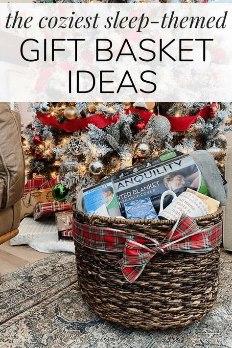 Gift Basket With Blanket Ideas, Cozy Blanket Gift Basket Ideas, Bedroom Gift Basket Ideas, Gift Basket Ideas With Blankets, Sleep Basket Gift Ideas, Sleep Gift Basket Ideas, Blanket Christmas Gift Ideas, Blanket Gift Basket Ideas, Gifts With Blankets