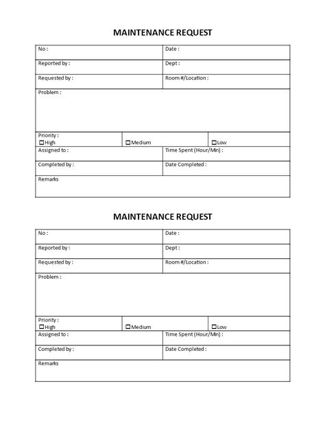 Hotel Maintenance Request template - Download this free Hotel Maintenance Request template to register the daily maintenance requests from staff issues or customer complaints during their stay. Presentation Evaluation Form, Form Example, Job Cards, Maintenance Checklist, Order Form Template, Schedule Templates, Preventive Maintenance, Form Template, Checklist Template