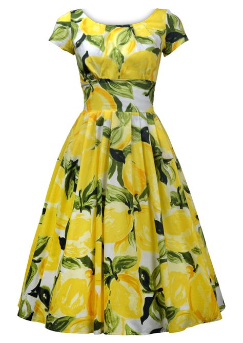 50s Day Dress - Juicy Lucy - Fashion 1930s, 1940s & 1950s style - vintage reproduction Rachel Khoo Style, Lemon Print Dress, Juicy Lucy, Fashion 50s, Lemon Dress, Classy Dress Outfits, Vintage Style Dresses, 50s Dresses, 50s Fashion