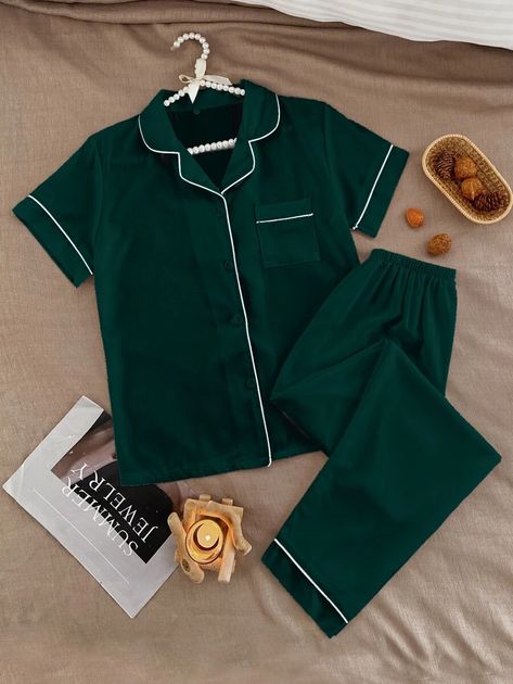 Lapel Collar Binding Night Set | SHEIN USA Cute Vacation Outfits, Lapel Top, Elegant Pant, Pajama Party, Collar Top, Pajama Set Women, Women Shirts Blouse, Womens Loungewear, Short Sleeve Button Up