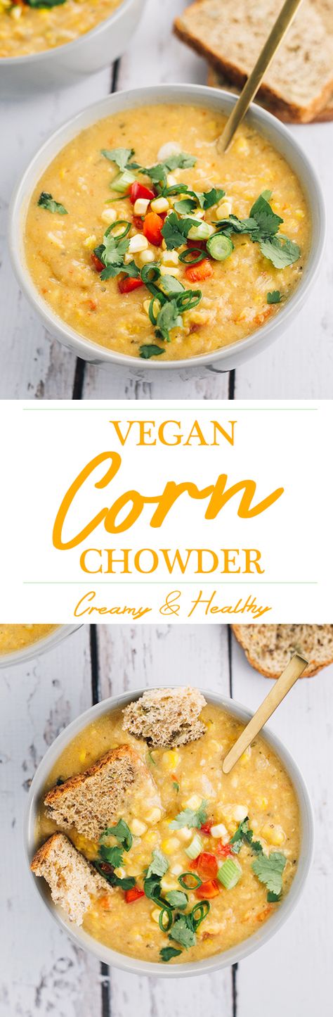 Creamy Vegan Corn Chowder - a quick, simple and healthy soup made with corn, potatoes, celery and red pepper. Vegan Corn Chowder, Corn Chowder Recipe, Vegan Soups, Chowder Recipes, Corn Chowder, Vegan Kitchen, Vegan Soup, Vegan Cooking, Healthy Soup