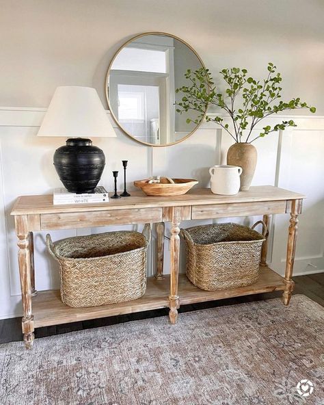 Entry Way Table Decor Simple, World Market Console Table, How To Decorate Entryway Table, Goodman House, Entryway Table Ideas, Sofa Table Decor, Entry Table Decor, Sideboard Decor, Console Table Styling