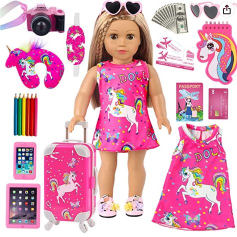 #americangirldolls #giftideas #girls Preschool Supplies, Doll Suitcase, Babysitting Crafts, Kids Toy Shop, Baby Barbie, Doll Crib, Suitcase Travel, Kids School Backpack, Baby Doll Accessories