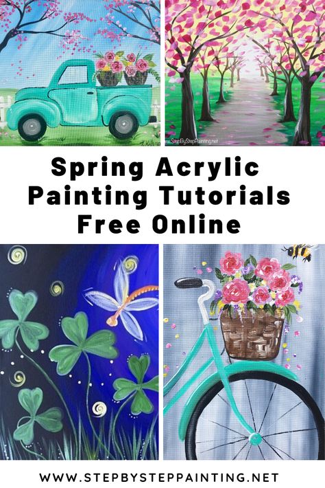 Learn to paint spring theme acrylic paintings on canvas! These acrylic painting tutorials are all free and online. Be guided through each step and render a painting you will be proud of. Spring time is a beautiful subject to paint full of pastel palettes, flowers & cheerful green scenery! #traciekiernan #stepbysteppainting #spingpaintings Diy Spring Painting Canvas, How To Paint A Fence On Canvas, Canvas Painting Ideas Spring, Spring Time Paintings, May Painting Ideas, Easy Spring Canvas Painting, Spring Paint Party Ideas, Free Acrylic Painting Tutorials, Free Acrylic Painting Tutorials Step By Step