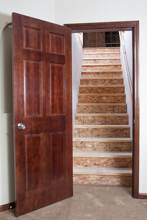 Doors to stairwells help with heating and cooling of spaces. Could be glass door to help keep feel open and transmit light. Door At Bottom Of Stairs, Stairs Attic, Bottom Of Stairs, Cam Jansen, Attic Design Ideas, Attic Door, Attic Rooms Ideas, Basement Staircase, Open Basement