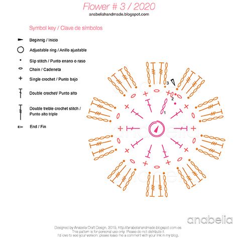 Crochet flower 3_2020 free pattern, Anabelia Craft Design Crochet Daisy Flower, Crochet Tree, Flower Mural, Virtual Flowers, Crochet Snowflake Pattern, Crochet Daisy, Crochet Snowflakes, Crochet Decoration, Knitted Flowers