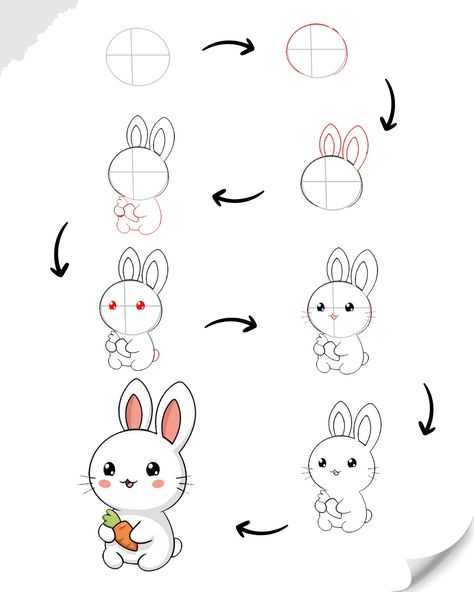 Easy kawaii bunny Cute Bunny Drawing Tutorial, Cute Drawings Step By Step, How To Draw Kawaii, Bunny Drawing Easy, Draw Cute Animals, Cute Easy Animal Drawings, Draw Kawaii, Easy Animal Drawings, Drawing Lessons For Kids