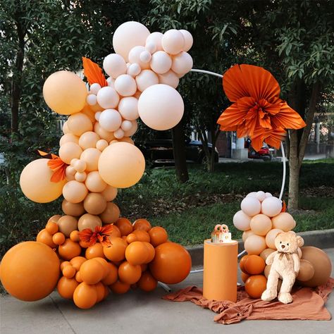 Red And Orange Birthday Decor, Fall Color Party Decorations, Terracotta Party Decor, Orange Color Party, Orange Balloon Arch, Autumn Party Decorations, Orange Balloon Garland, Boho Themed Party, Wedding Anniversary Party Decorations