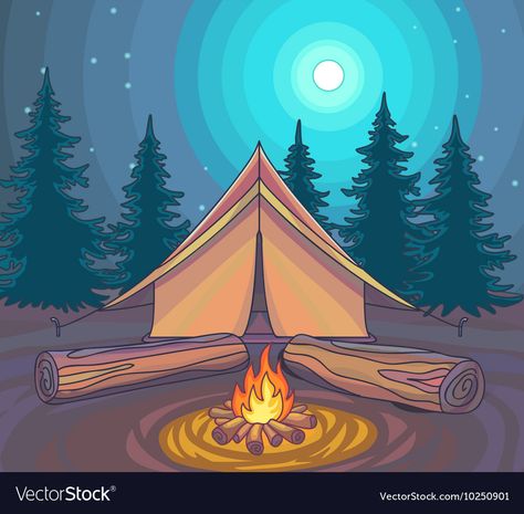 Camping Scene Drawing, Camping Vector Illustration, Tent Camping Drawing, Camping Drawing Illustrations, Camping Illustration Art, Camping Mural, Anime Camping, Tent Ideas Camping, Camping Drawings