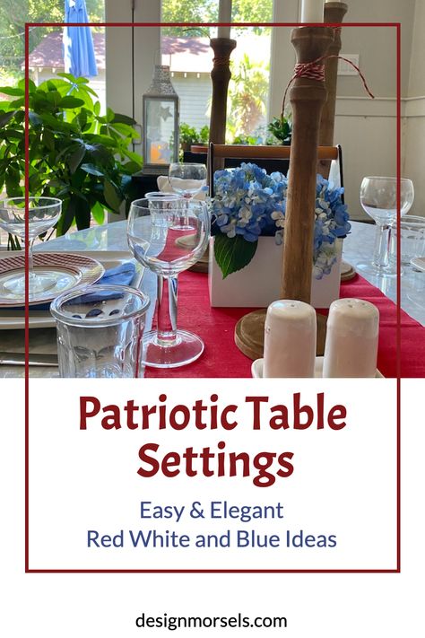 table setting for 4th of july with text overlay patriotic table settings easy and elegant red white and blue ideas Blue Tablescapes, 4th Of July Trivia, Blue Table Decorations, White Charger Plates, Patriotic Table Decor, Patriotic Tablescapes, Patriotic Centerpieces, Easy Table, Traditional Vases