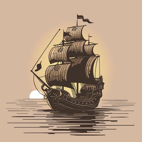 Vector wooden pirate sailing ship vector... | Premium Vector #Freepik #vector Small Pirate Ship Art, Simple Pirate Ship Drawing, Experimental Comics, Cartoon Pirate Ship, Pirate Ship Drawing, Pirate Ship Art, Ship Vector, Pirate Boats, Ship Drawing