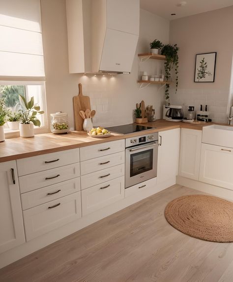 Kitchen Flat Ideas, Simple Kitchen Aesthetic, Light Brown Flooring Kitchen, Clean Girl Kitchen Aesthetic, Kitchen Ideas White And Wood, Tiny Flat Ideas, Clean Girl Kitchen, Cosy Kitchen Ideas, Cream Kitchen Colour Schemes