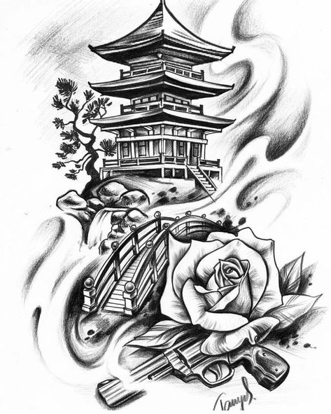 Japanese House Tattoo, Japanese Temple Tattoo, Tato Geisha, Geisha Tattoos, Guerriero Samurai, Geisha Tattoo Design, Temple Tattoo, House Tattoo, Buddha Tattoo Design