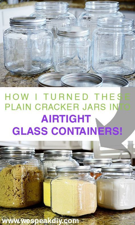 Make cracker jars into airtight glass canisters. Make any glass jar airtight. Easy, cheap airtight containers Cracker Storage Ideas, Glass Canisters In Kitchen, Large Glass Jar Ideas, Flour Storage Containers, Glass Upcycle, Glass Jar Storage, Flour Storage, Glass Kitchen Canisters, Upcycle Storage