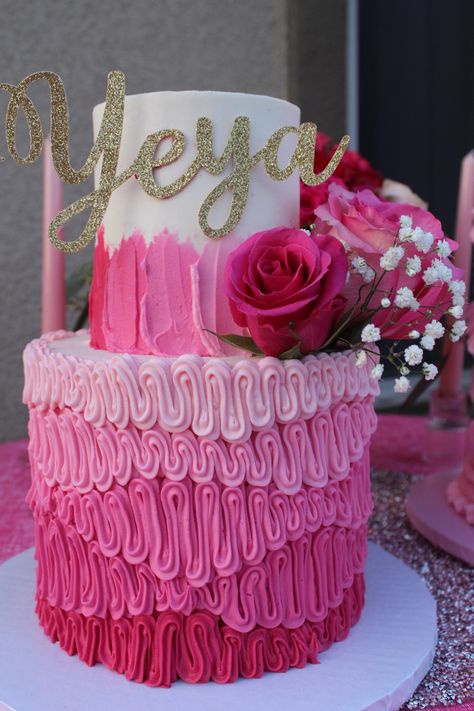 Pink Grad Cake, Pink Birthday Theme, Cake Colors, Hot Pink Cakes, Pink Graduation Party, One Tier Cake, Neon Cakes, Hot Pink Birthday, Pink Party Theme