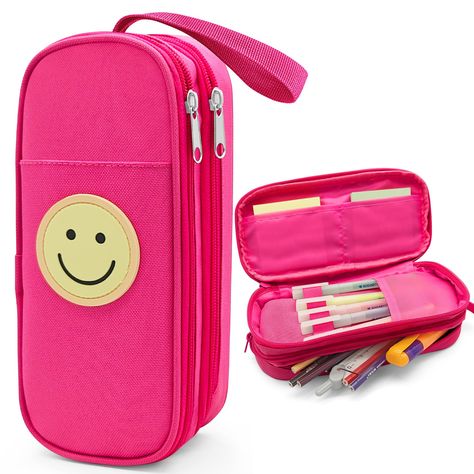 PRICES MAY VARY. 【Cute Design】: Our preppy pencil case for girls is embroidered with a rubber yellow cute face, adding a unique touch to this cute pencil case. Whether it is a school student or an adult office worker, this portable pen case is a good choice. 【Large capacity pencil case】: This girls pencil pounch has a very user-friendly design. A portable wristband, zipper for added security and double compartment design are its highlights. Large capacity design can meet your needs for stationer Preppy Pencil Case, Preppy Stationary, Pencil Bag Aesthetic, Pop Out Pencil Case, Pouch For School, Pencil Case For School, Stationary Organizer, Cute Pencil Pouches, School Pouch