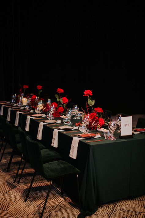 All Red Party Theme, Red Flower Wedding Decoration, All Red Flower Arrangements, Black Tie Wedding Red Roses, Modern Red Wedding Flowers, Red Table Setting, Red Rose Dinner Table, Black Formal Red Roses Table, Red Party Themes