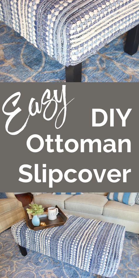 How To Make A Slipcover For An Ottoman, Redo Ottoman Diy, Refurbished Ottoman Diy, Covering An Ottoman With Fabric, Diy Rug Ottoman, Ottoman Cover Diy, Ottoman Slipcover Diy, Ottoman Makeover Diy, Diy Ottoman Ideas