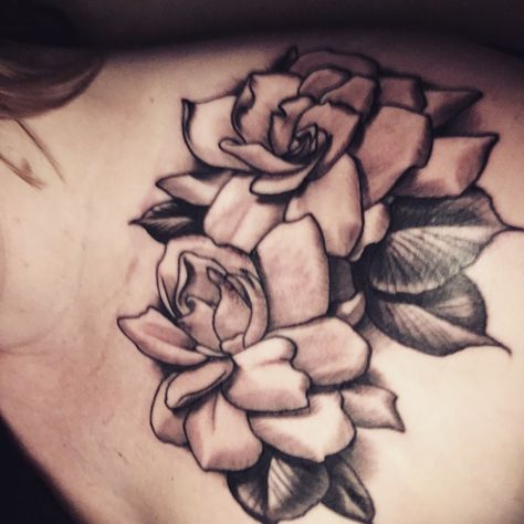 Gardenia tattoo that black and white #blackcobra #gardenia #blackandwhite Gardenia Tattoo Traditional, Simple Gardenia Tattoo, Gardenia Flower Tattoo On Shoulder, White Gardenia Tattoo, Gardenia Plant Tattoo, Gardenia Tattoo, Magnolia Tattoo, Mom Daughter Tattoos, Daughter Tattoos