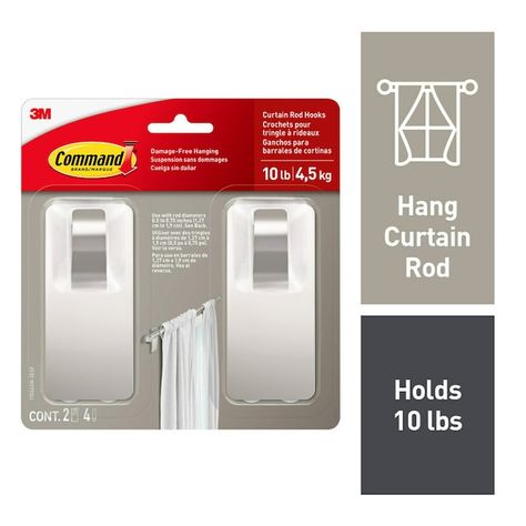 Hang Curtains With Command Hooks, Command Hooks For Curtains, Command Hooks Curtains, Nickel Curtain Rod, Shutters Curtains, White Curtain Rod, Landing Ideas, Black Curtain Rods, Hanging Curtain Rods