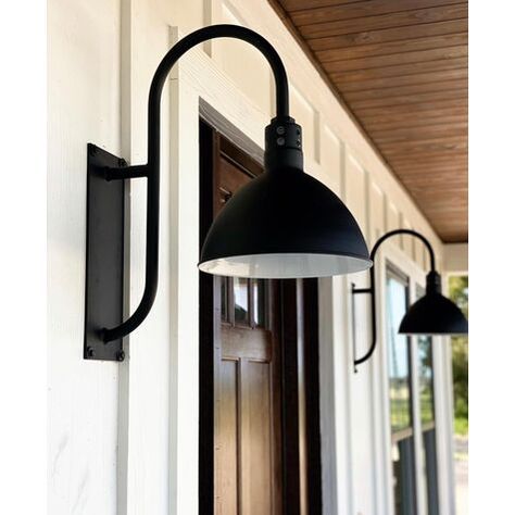 Farmhouse Porch Light Fixtures, Black Outdoor Farmhouse Lights, Gooseneck Porch Light, Gooseneck Front Porch Lights, Barn Light Front Door, Garage Door Lights Exterior Farmhouse, Garage With Gooseneck Lights, Barndominium Porch Lights, Black Farmhouse Exterior Lights