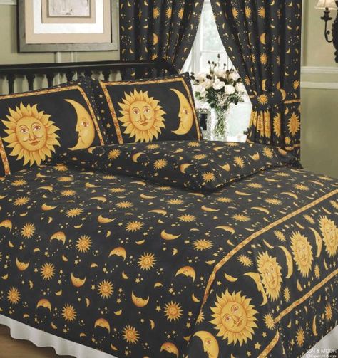 Single Bed Sun And Moon Black, Superior Quality 68 Pick Duvet / Quilt Cover Set, BY HICO, Sun Crescent Moon Stars Space, Black Speckle Yellow Gold Black Duvet, Bed Duvet, Gold Bed, Black Duvet Cover, Yellow Bedding, Moon Black, Bed Sets, Duvet Bedding, House Room