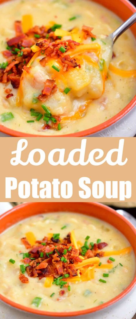 Potato Soup is one of the most comforting soups you can ever have! This potato soup recipe is loaded with crispy bacon, soft golden potatoes, cheese, and green onions.#soup #potato #loaded #bacon #cheesy #easyrecipes #comfortfood Potato Soup With Dill, Bacon Soup Recipes, Homemade Potato Soup, Soup Hearty, Golden Potatoes, Baked Potato Soup Recipe, Best Potato Soup, Potato Bacon Soup, Cheesy Potato Soup