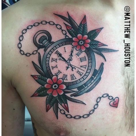 Traditional Pocket Watch Tattoo, Traditional Tattoo Clock, Compass Tattoos, Pocket Watch Tattoos, Watch Tattoo, Daughter Tattoo, Sailor Jerry Tattoos, Clock Tattoo Design, Pocket Watch Tattoo