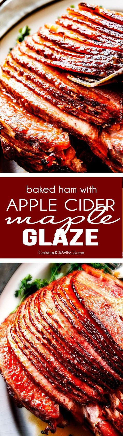 Baked Ham with Apple Cider Maple Glaze: beautifully caramelized, flavorful and deliciously moist baked ham takes minutes to prep and the glaze is out of this world! Perfect for Christmas, Easter and feeds a crowd! Weight Watcher Desserts, Syrup Recipes, Recipes Holiday, Diy Easy Recipes, Glazed Ham, Low Carb Dessert, Recipes Christmas, Maple Glaze, Baked Ham