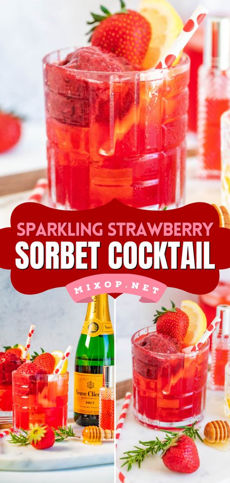 An irresistible Valentine's Day drink! It's a Valentine's Day cocktail recipe featuring strawberry sherbet. Combined with champagne, this Sparkling Strawberry Sorbet Cocktail is cold, refreshing, and beautiful to look at! Feel free to use different fruits! Sorbet Cocktail, Sorbet Float, Spring Drink Recipes, Strawberry Sherbet, Fruity Cocktail Recipes, Easy Party Drinks, Fruity Mixed Drinks, Strawberry Recipes Easy, Holiday Drinks Alcohol