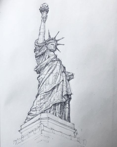 Statue Of Liberty Drawing Sketch, Lady Liberty Drawing, Statue Of Liberty Drawing, Transformers Drawing, One Point Perspective, Point Perspective, Architecture Painting, Perspective Drawing, Lady Liberty