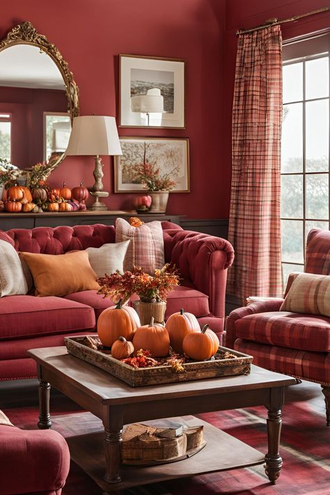 21 Fall Decor Ideas - English Country Living Room with Plaid Accents Rustic Red Living Room, Red Tartan Living Room, Red Couch Living Room Ideas Rustic, Plaid Couch Living Room Country Style, Primitive Couch, Rustic Cottage Home, Farmhouse Library, Red Plaid Sofa Country Living, English Country Living Room