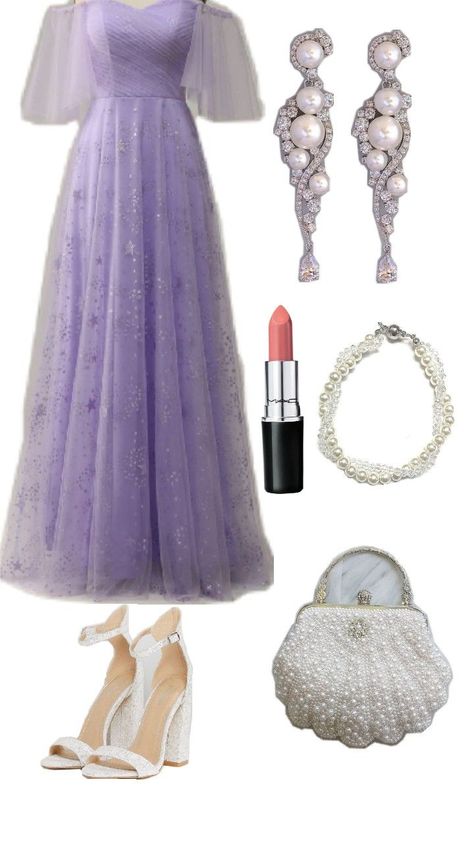 A lavender long dress paired with white heels, a white pearl bag, and a pearl bracelet. The look is accented by long pearl diamond earrings and bright pink lipstick. Lavender Long Dress, Outfit Ideas Elegant, Pearl Diamond Earrings, Lavender Dress, Pearl Accessories, Lavender Dresses, Pearl Bag, Pearl And Diamond Earrings, Pink Lipstick