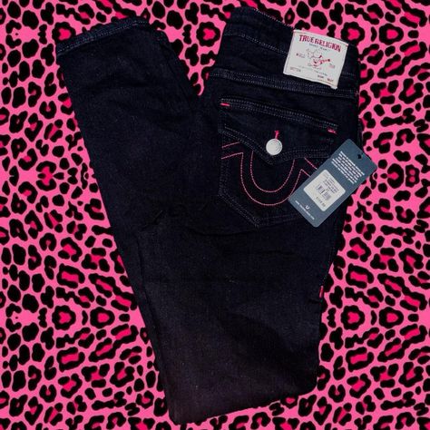 ❦ True Religion black jeans with pink stitching  ❦... - Depop Jeans Outfit Baddie, Red True Religion Jeans, True Religion Jeans Outfit, Pink True Religion, Jeans Outfit, True Religion Jeans, True Religion, Jean Outfits, Mid Rise