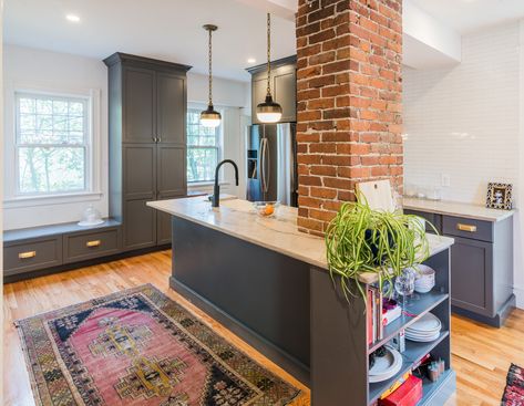 Exposed Brick Column Kitchen, Brick Pillar In Kitchen, Kitchen Knee Wall Ideas, Brick Column In Kitchen, Brick Pillar Kitchen, Chimney In Middle Of Kitchen, Kitchen With Columns Load Bearing Wall, Brick Columns Interior Kitchen, Kitchen With Chimney In Middle