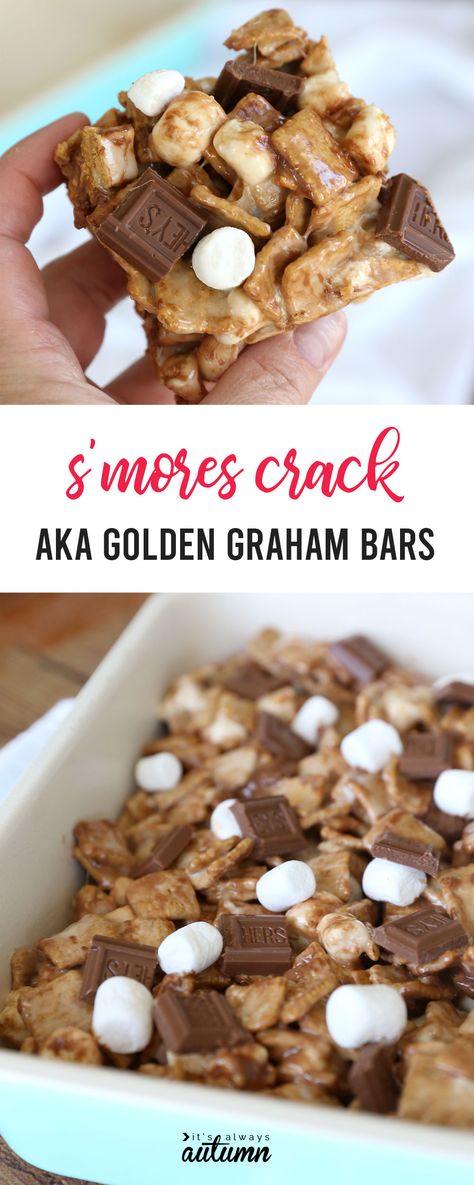 Golden Graham Bars (aka S'mores Crack) - It's Always Autumn Golden Grahams Smores Bars Easy, Smores Bars With Golden Grahams, Golden Grahams Treats, Golden Graham Smores Bars, Golden Graham Bars, Golden Graham Treats, Graham Bars, Golden Graham Smores, Golden Grahams Smores Bars